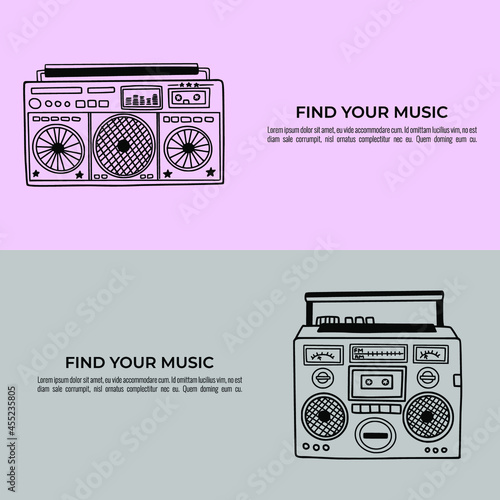 Banners made with cute and old school tape recorders doodles. Minimal composition. Vintage boombox icons. Hand drawn illustration. Text added as an example.