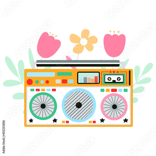 Set of cute and colorful old school tape recorders doodles. Retro design and 90s vibes. Vintage boombox icons. Hand drawn illustration.