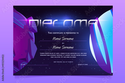 Diploma template with cosmos background for children in kindergarten or elementary school. Vector certificate for award, appreciation or celebration graduation with cartoon planets in outer space