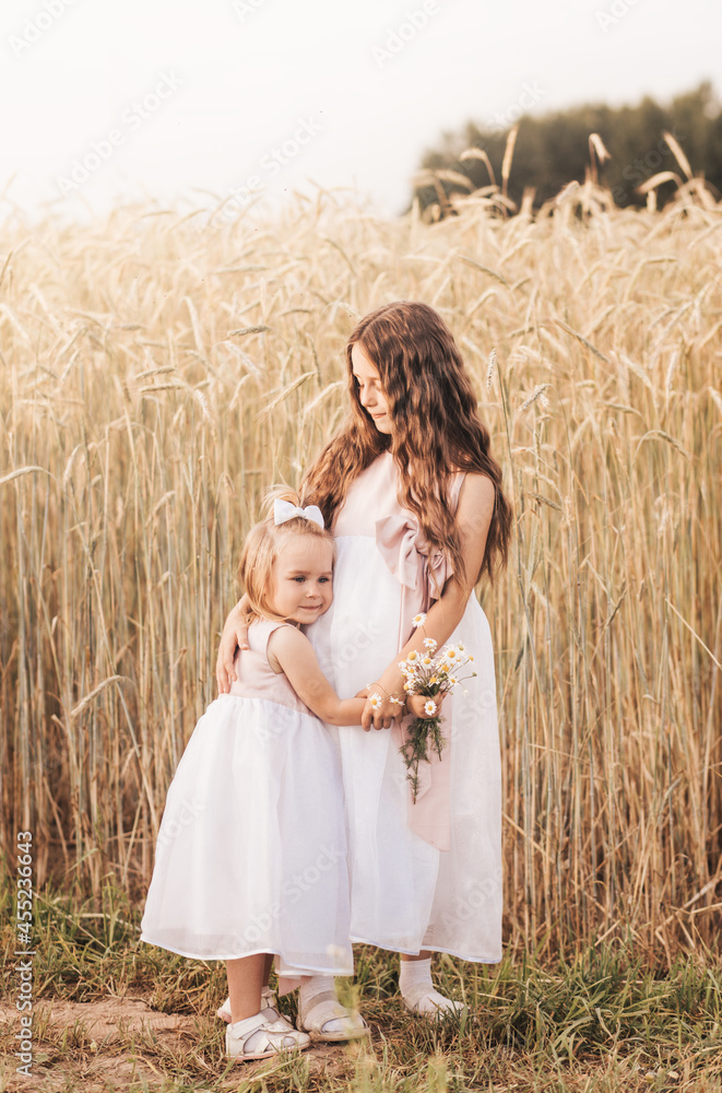 Two little girls sisters hug and collect flowers in the summer Two little girls sisters hug and collect flowers in the summer