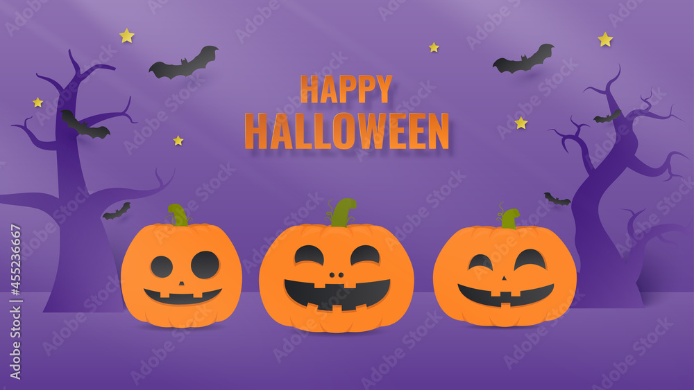 Halloween Pumpkin and natural light on purple background. Halloween sale promotion. Paper cut and craft style illustration