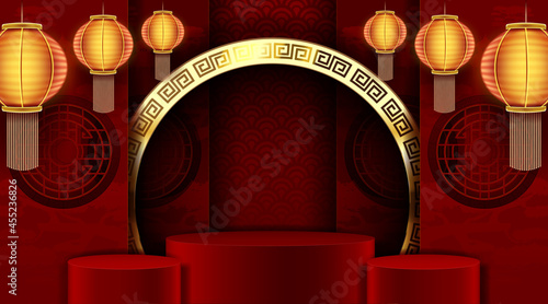 Podium stage chinese style, for chinese new year and festivals with red paper cut art and craft on color backgroung with asian elements. translation: chinese new year 2022, year of tiger.
