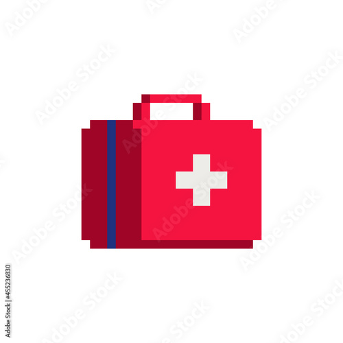 First aid kit. Medical briefcase with cross pixel art icon. Red doctor's bag.  Emergency, healthcare, paramedic assistance concept. Isolated vector illustration. 8-bit. Design stickers, logo, app.