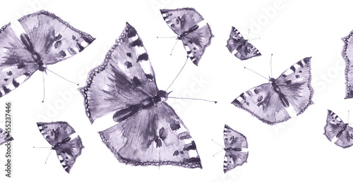 Linear seamless watercolor banner with butterflies. Handmade illustration. Art for your design, picture, poster. monochrome butterfly urticaria. Composition with purple butterfly 
