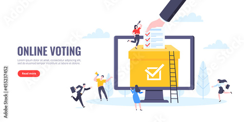 Online voting concept flat style design vector illustration. Tiny people with voting poll online survey working together. Concept of electronic voting modern system political competition and election.