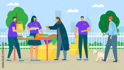 Help homeless people, charity donate, vector illustration. Man woman character care about poor person, volunteer give food and clothes.