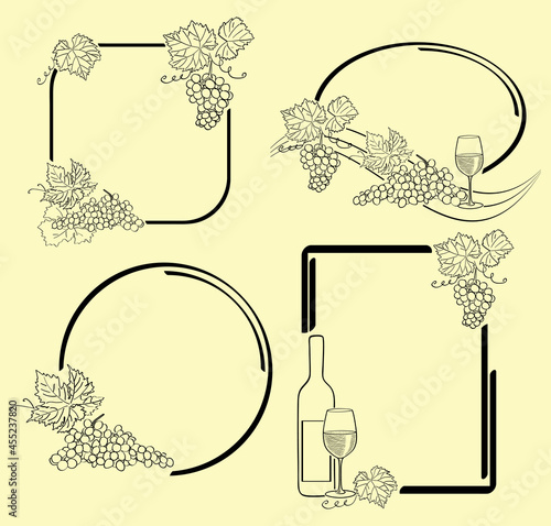 decorative frames with grape and bottle and wine glass - vector elements for grape harvest event