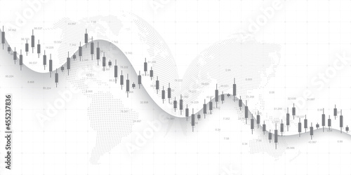 Abstract financial chart with uptrend line graph and world map on black and white color background. Business Candle stick graph chart of stock market investment trading. Vector illustration