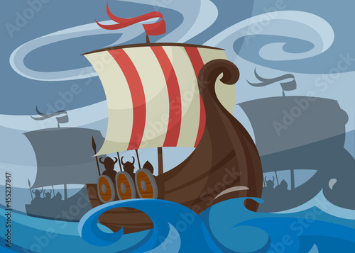 Viking banner with drakkar. Scandinavian placard design in cartoon style.