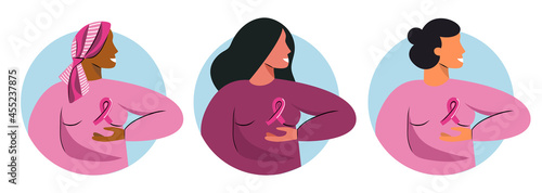 Breast Cancer Awareness Month October with diverse ethnic women group with pink support ribbon. Support ilness people. World cancer day or Pinktober concept. Vector illustration with female character