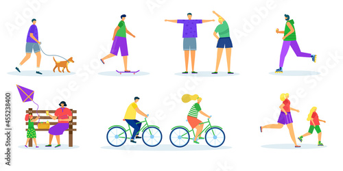 People in park, isolated on white set, vector illustration. Flat man woman ch...