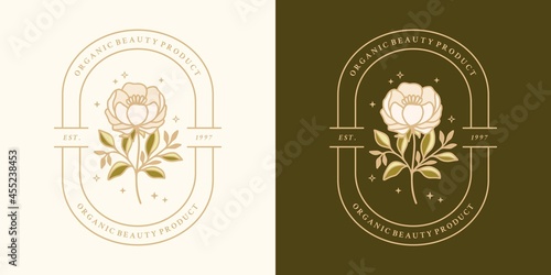 Vintage hand drawn feminine beauty peony floral logo elements with frame