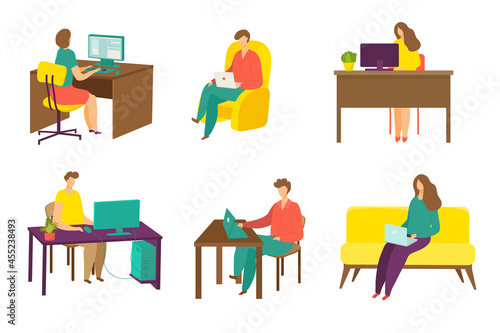 Woman man work in internet set, vector illustration. Flat people character use laptop, computer for communication online. Freelancer workplace