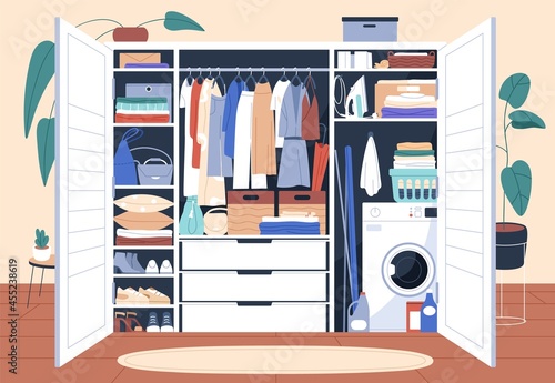 Decluttered wardrobe with organized storage of clothes, hanging on racks and folded on shelves. Inside open tidy closet with ordered stacks of things, garments, accessories. Flat vector illustration