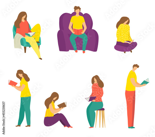 People reading set, vector illustration. Flat man woman character with book, ...