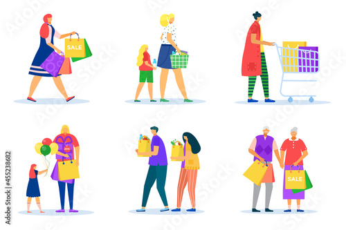 Woman man shopping, isolated on white set, vector illustration. Flat people c...
