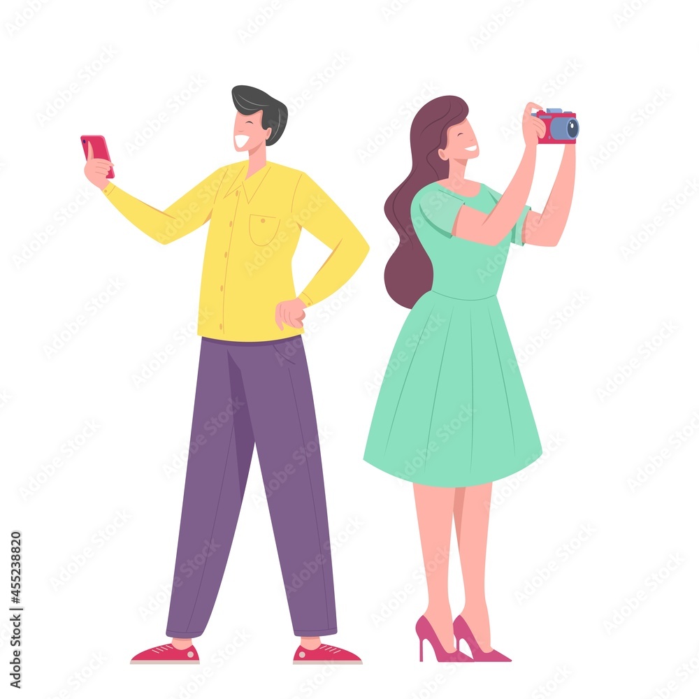 Happy funny couple man and woman with camera take pictures. Vector illustration. Happy funny couple man and woman with camera take pictures. Vector illustration.