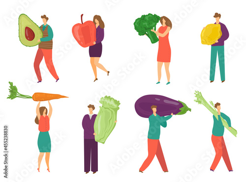 People with food vegetable, isolated on white set, vector illustration. Tiny ...
