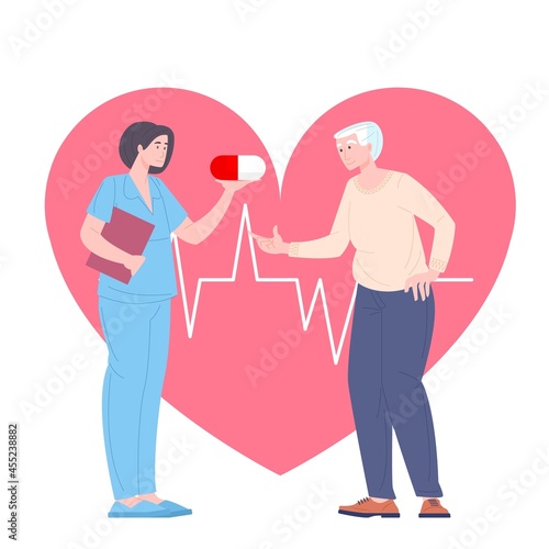 Nurse care about elderly patient, gives the medicine to the patient. Medicine help for aged retiree, vector illustration.