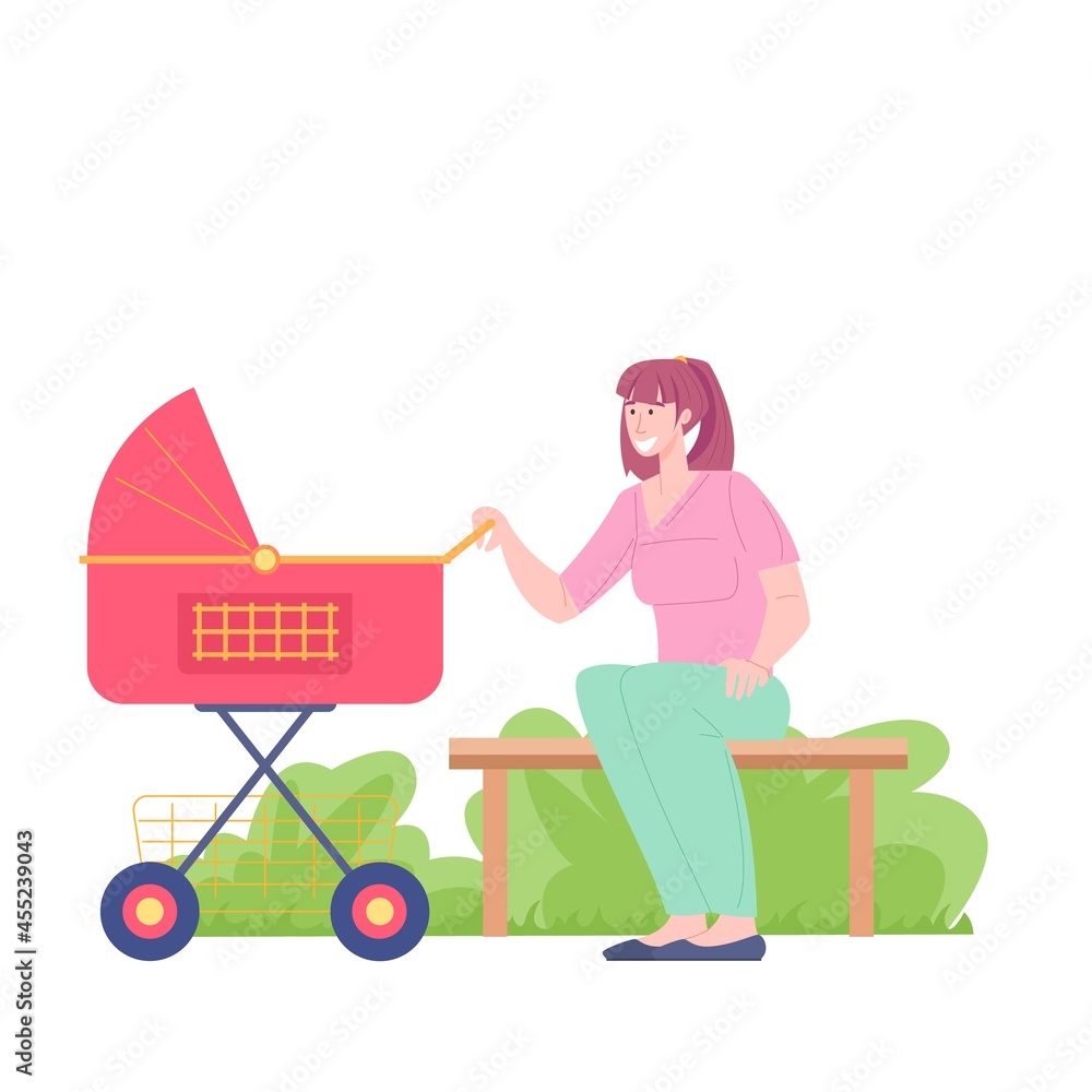 Female babysitter care infant of baby sleeping in a stroller, vector nanny characters Motherhood, mother with toddler , flat cartoon vector illustration. Preschool development. Female babysitter care infant of baby sleeping in a stroller, vector nanny characters Motherhood, mother with toddler , flat cartoon vector illustration. Preschool development.