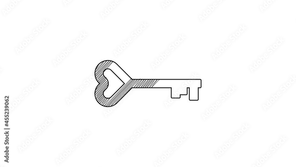 Black line Key in heart shape icon isolated on white background. Valentines day symbol. 4K Video motion graphic animation Black line Key in heart shape icon isolated on white background. Valentines day symbol. 4K Video motion graphic animation