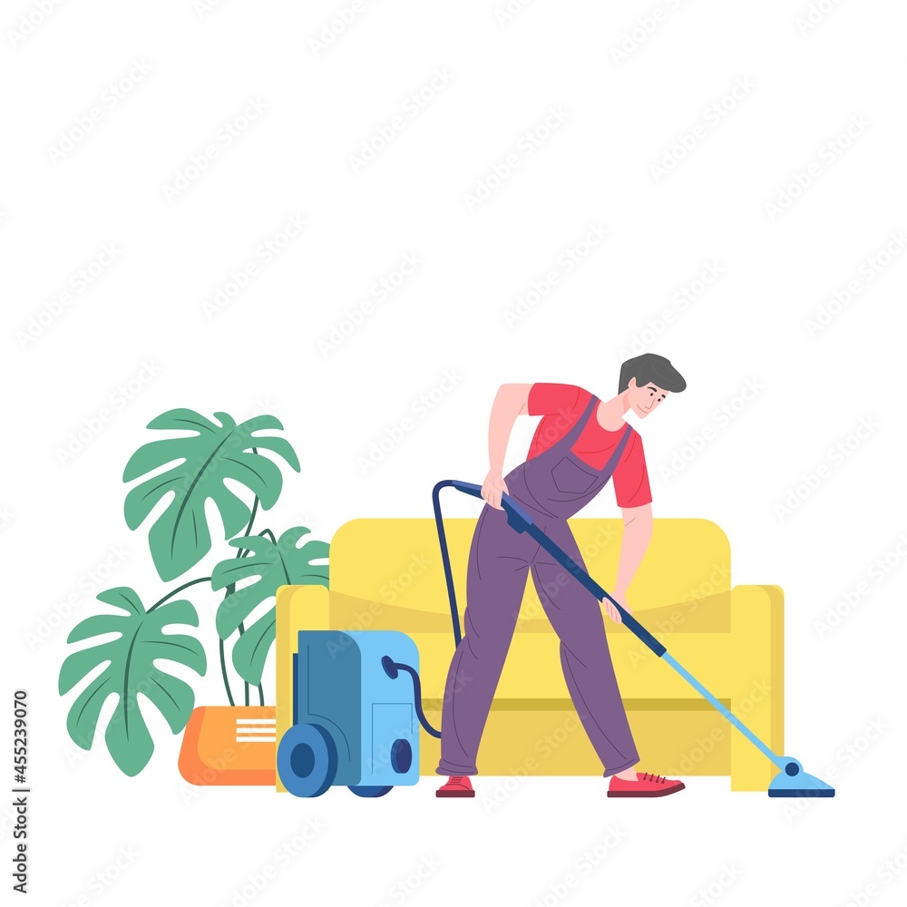 Cleaning service, man cleaner, vector illustration of flat cartoon character vacuuming floor. Worker in uniform making cleanup of room. Vector illustration. Cleaning service, man cleaner, vector illustration of flat cartoon character vacuuming floor. Worker in uniform making cleanup of room. Vector illustration.