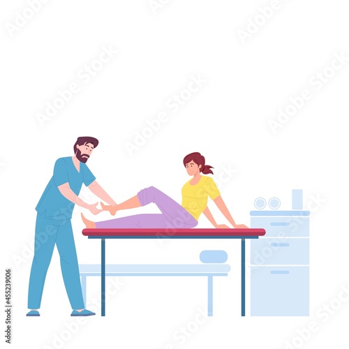 Surgeon, trauma doctor, physiotherapist examining ankle of vector cartoon female patient sitting on medical couch. Osteopath podiatrist massaging leg. Orthopedic medicine and traumatology