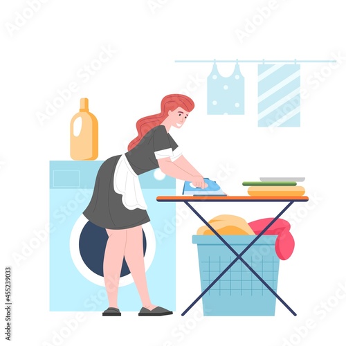 Housemaid irons laundry. Housework service. Vector illustration in cartoon style.