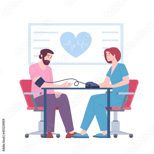 Female doctor cardiologist measure blood pressure, male patient at physicians office at cardiologist. Medical adviser monitoring health condition, vector illustration