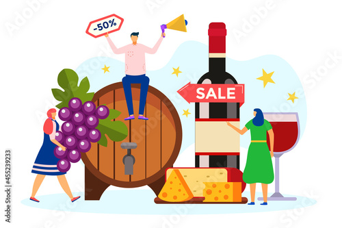 Share wine concept, vector illustration. Flat tiny man woman character near alcohol glass, discount sal for grape drink bottle and cheese.