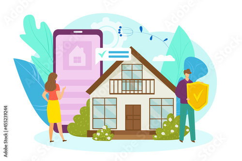 Smart home concept, vector illustration. Smartphone network app for house digital technology, control and security system. Tiny man woman
