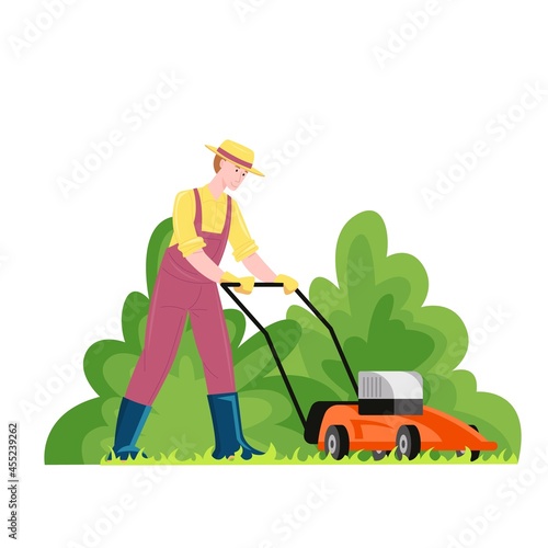 Male gardener mowing lawn with electric mower. Handyman cutting grass vector illustration.