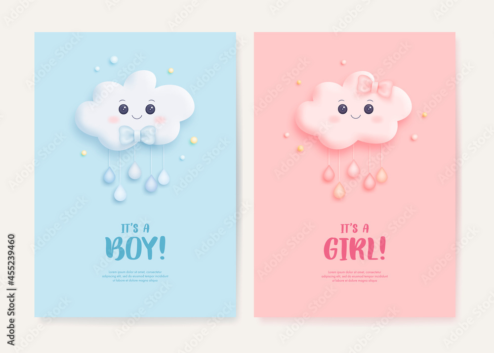 Set of baby shower invitation with cartoon cloud on blue and pink background. It's a boy. It's a girl. Vector illustration Set of baby shower invitation with cartoon cloud on blue and pink background. It's a boy. It's a girl. Vector illustration