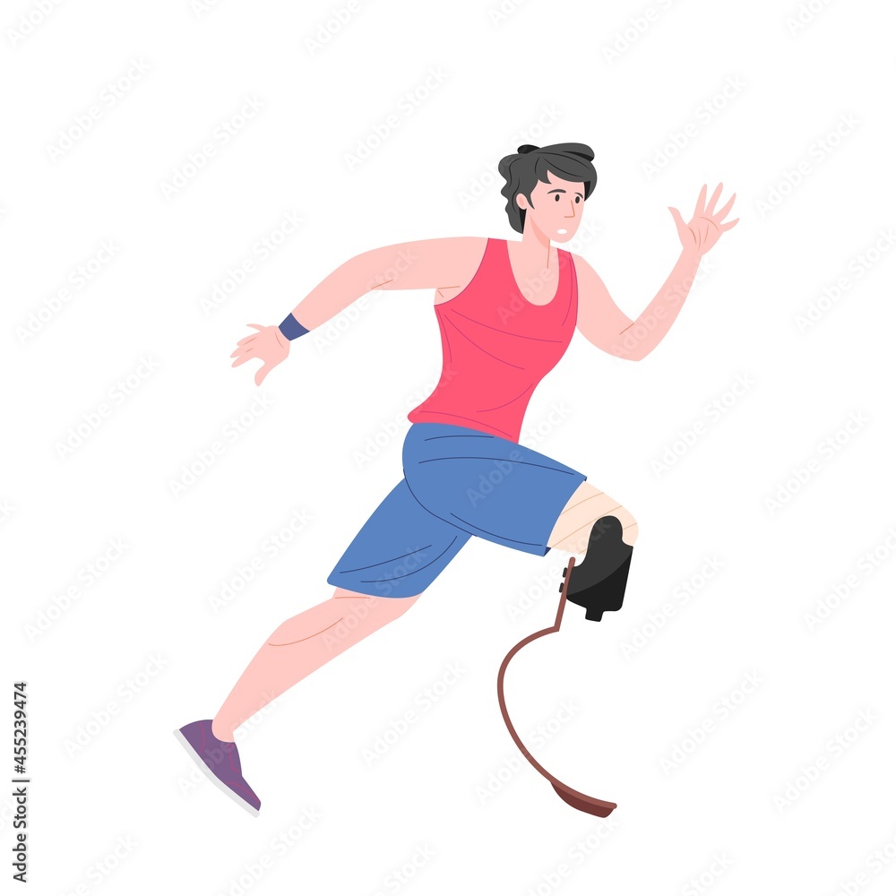 Running disabled man with high-tech prosthetic limbs. Flat cartoon vector illustration.