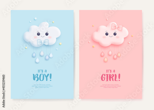Set of baby shower invitation with cartoon cloud on blue and pink background. It's a boy. It's a girl. Vector illustration