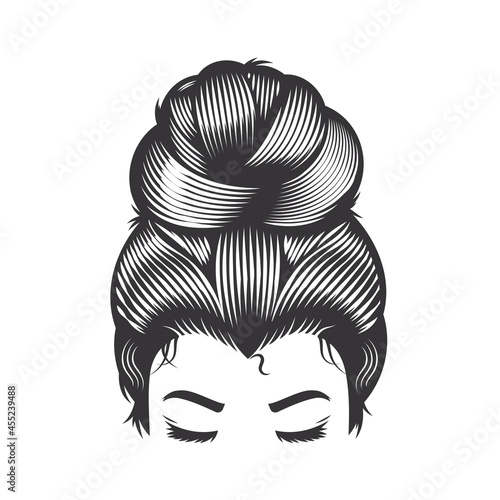 Woman face with messy hair bun and long eyelashes vector line art illustration.