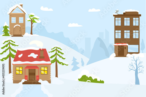 Winter holiday landscape with snow, vector illustration. Town house at christmas time, city street with home background. Flat building