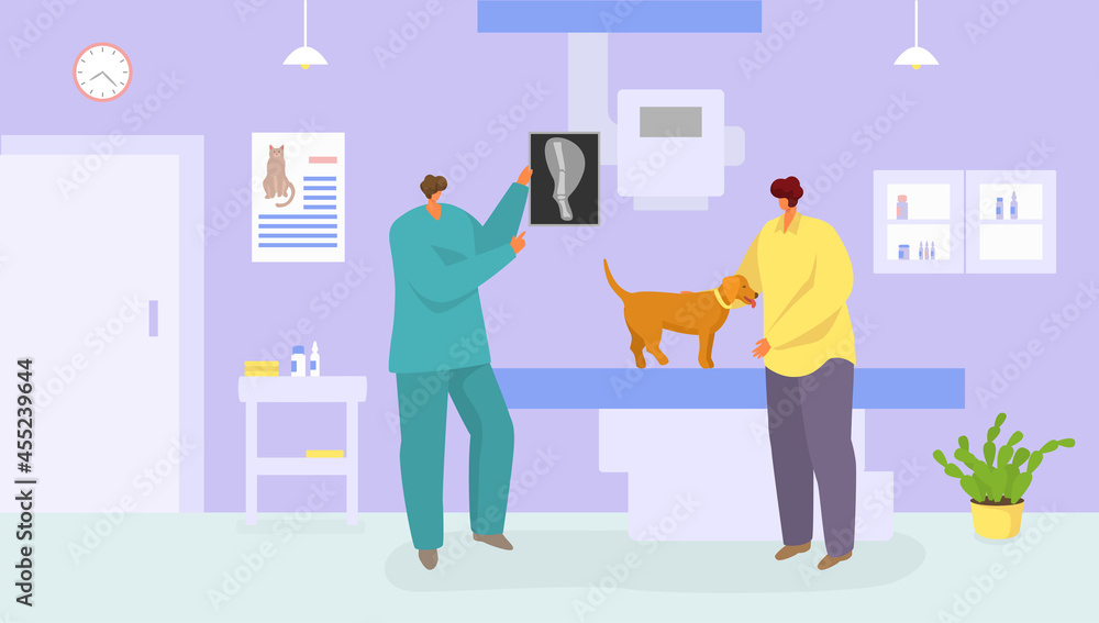 Obraz premium Vet medical care for dog, vector illustration. Pet at veterinary clinic, medicine treatment for domestic animal. Vet doctor character show x-ray