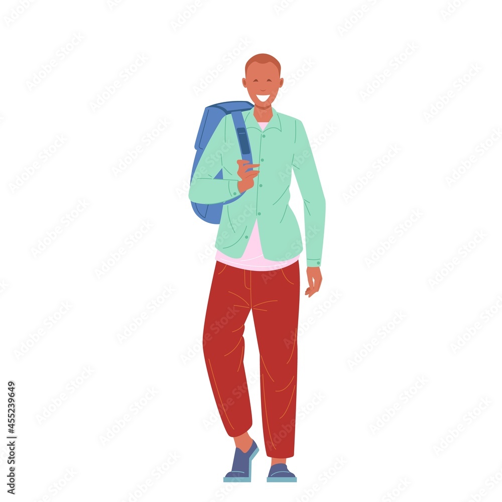 Male student or schoolboy walking with backpack flat vector illustration. Male student or schoolboy walking with backpack flat vector illustration.
