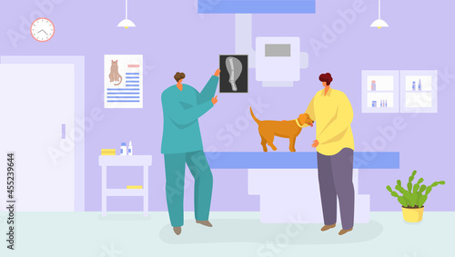Vet medical care for dog, vector illustration. Pet at veterinary clinic, medicine treatment for domestic animal. Vet doctor character show x-ray