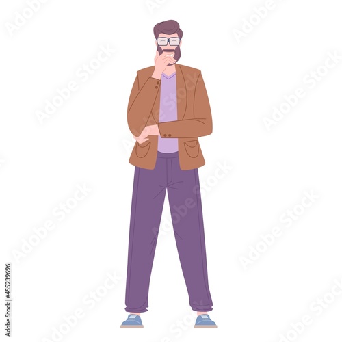 Man stands in pose of thinking person. Human psychology concept, flat vector illustration.