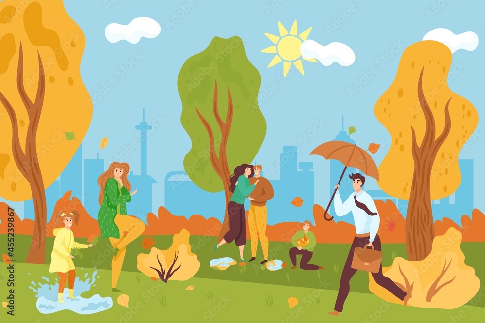 Park at autumn, vector illustration. Cartoon people woman man character walk at nature landscape, girl play in puddle. Happy couple