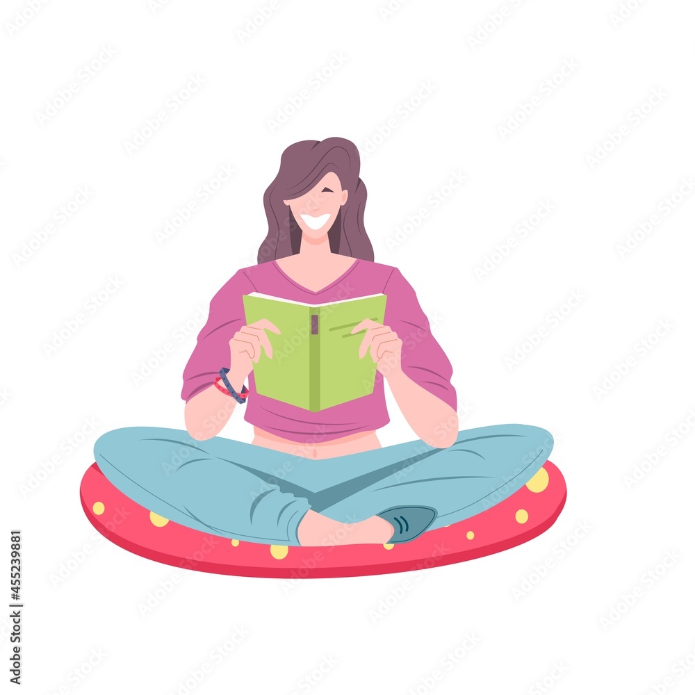 Young girl sitting in lotus position and reading book . Personal pastime concept vector illustration. Introvert girl in cartoon style.