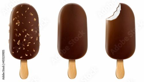 Set of ice cream with chocolate glaze, and nuts on a stick. Realistic vector set with chocolate popsicle on a stick , whole and bitten with filling. Vector food posters and summer banners. photo