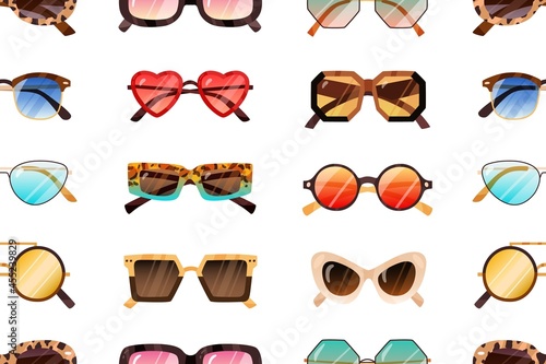 Seamless pattern with modern sunglasses on white background. Repeating backdrop with fashion sun glasses of different shapes. Endless texture with eyewear. Flat vector illustration for printing