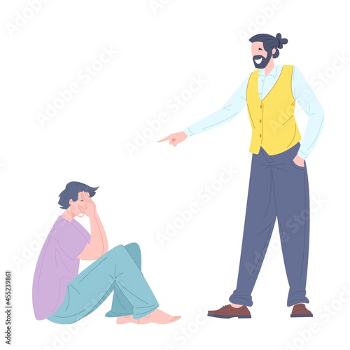 Social bullying concept between people. Guy laughs at young man. Flat cartoon character vector illustration.