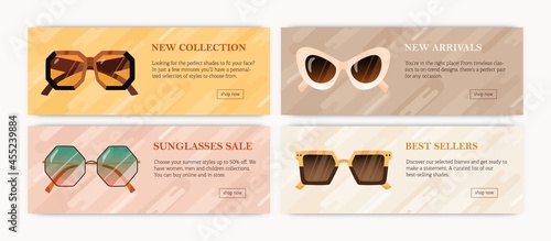 Set of advertising promotion banners with modern sunglasses. Designs of horizontal background with trendy sun glasses. Ad templates with fashion eyewear. Colored flat vector illustration of promo