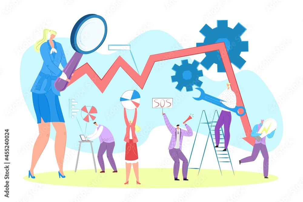 Obraz premium Business analytics, vector illustration. Man woman people character stand near financial graph, work for company balance. Team try boost capital