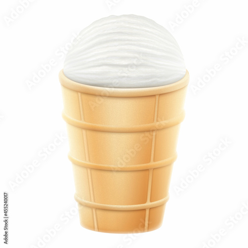White vanilla ice cream in a waffle cup close-up, plombir, sundae, isolated on white background. Realistic 3D vector illustration