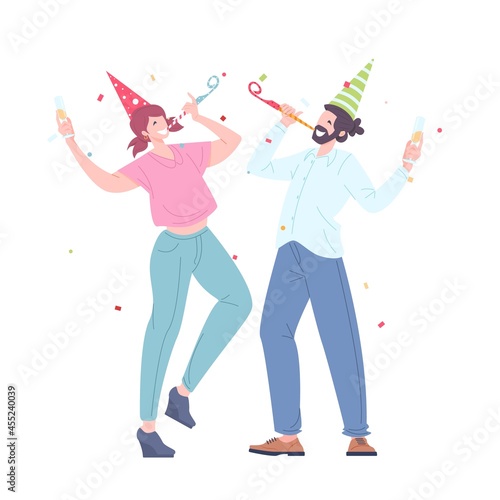 Man and woman with festive pipes, caps and champagne dancing. Happy young persons celebrate on corporate holiday. Party holiday. Flat vector illustration